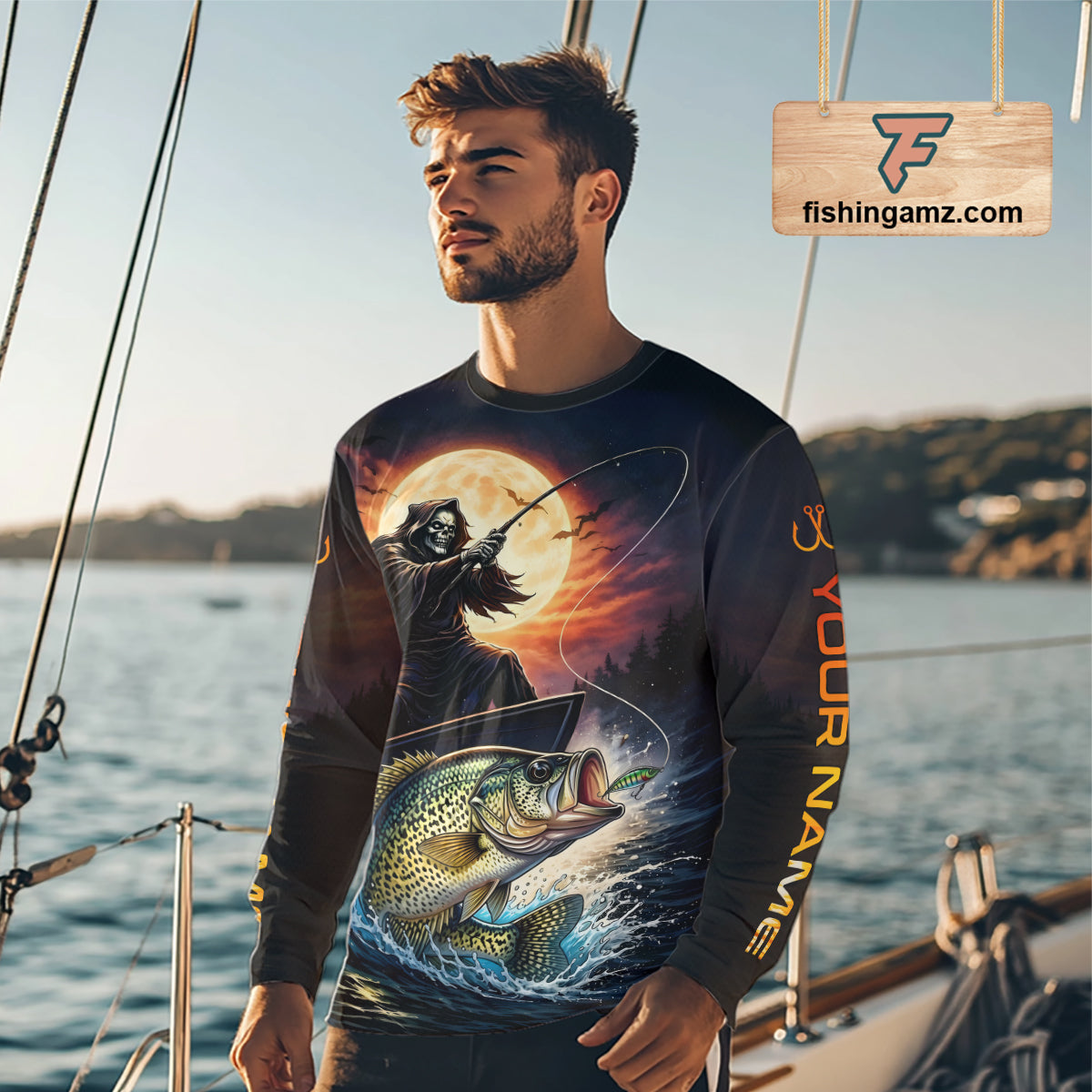 Personalized Fish Reaper Fishing Shirts Jerseys, Fish Reaper Sunset Crappie Fishing Shirts Long Sleeve NHT831