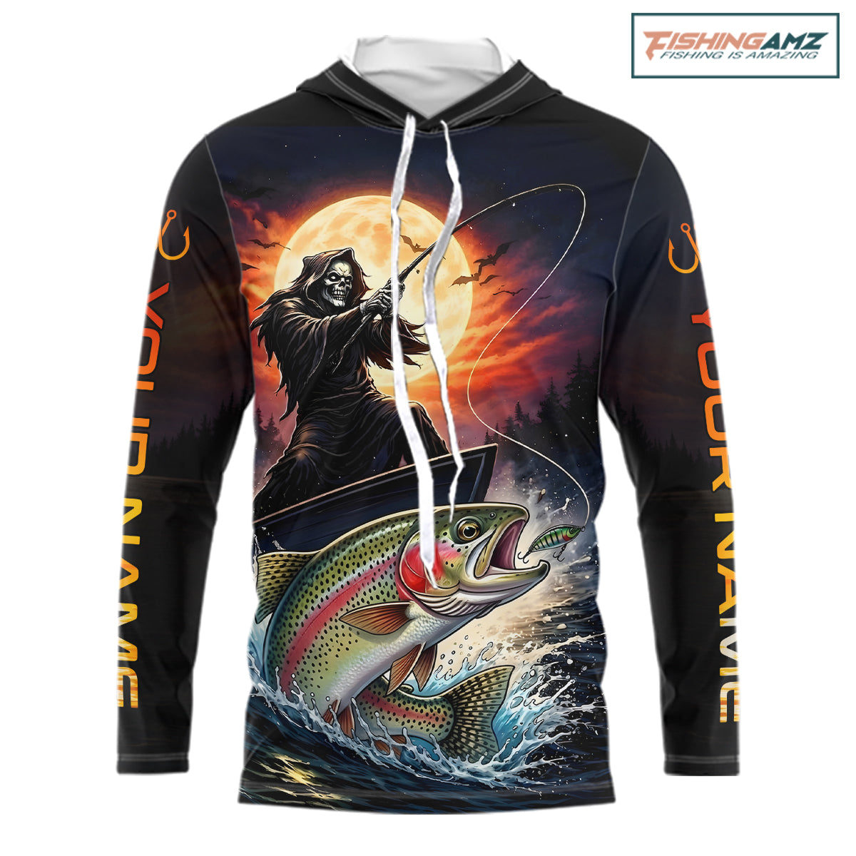Personalized Fish Reaper Fishing Jerseys, Fish Reaper Sunset Rainbow Trout Fishing Shirts Long Sleeve Hooded NHT832