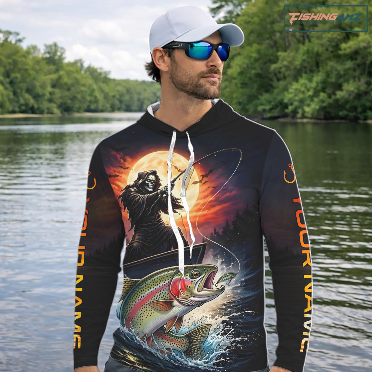 Personalized Fish Reaper Fishing Jerseys, Fish Reaper Sunset Rainbow Trout Fishing Shirts Long Sleeve Hooded NHT832
