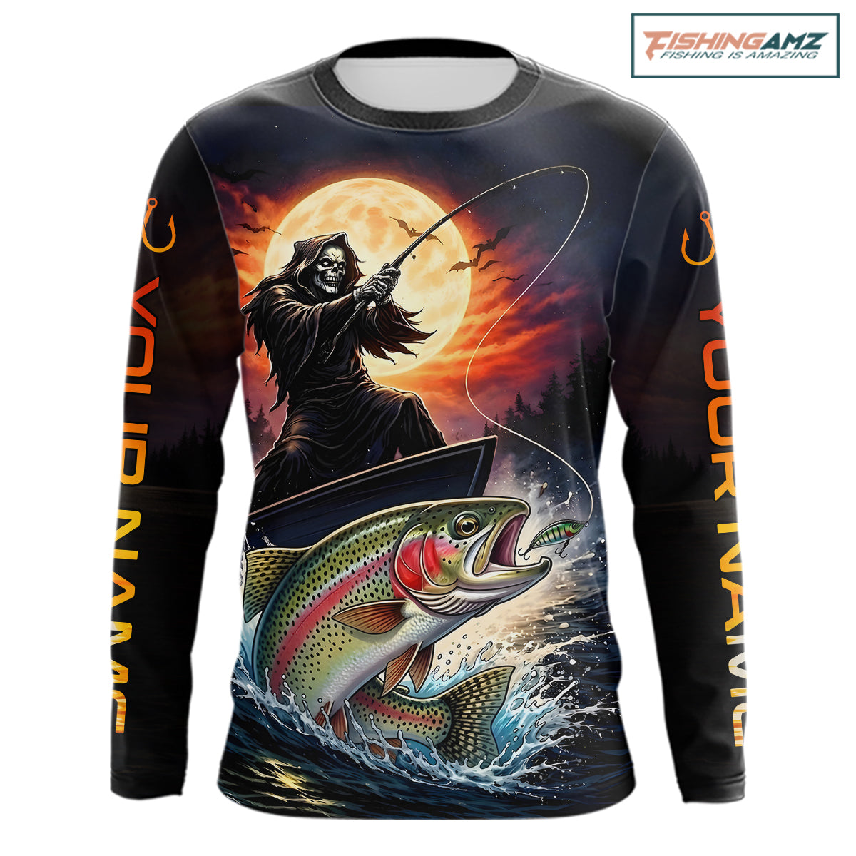 Personalized Fish Reaper Fishing Jerseys, Fish Reaper Sunset Rainbow Trout Fishing Shirts Long Sleeve NHT832