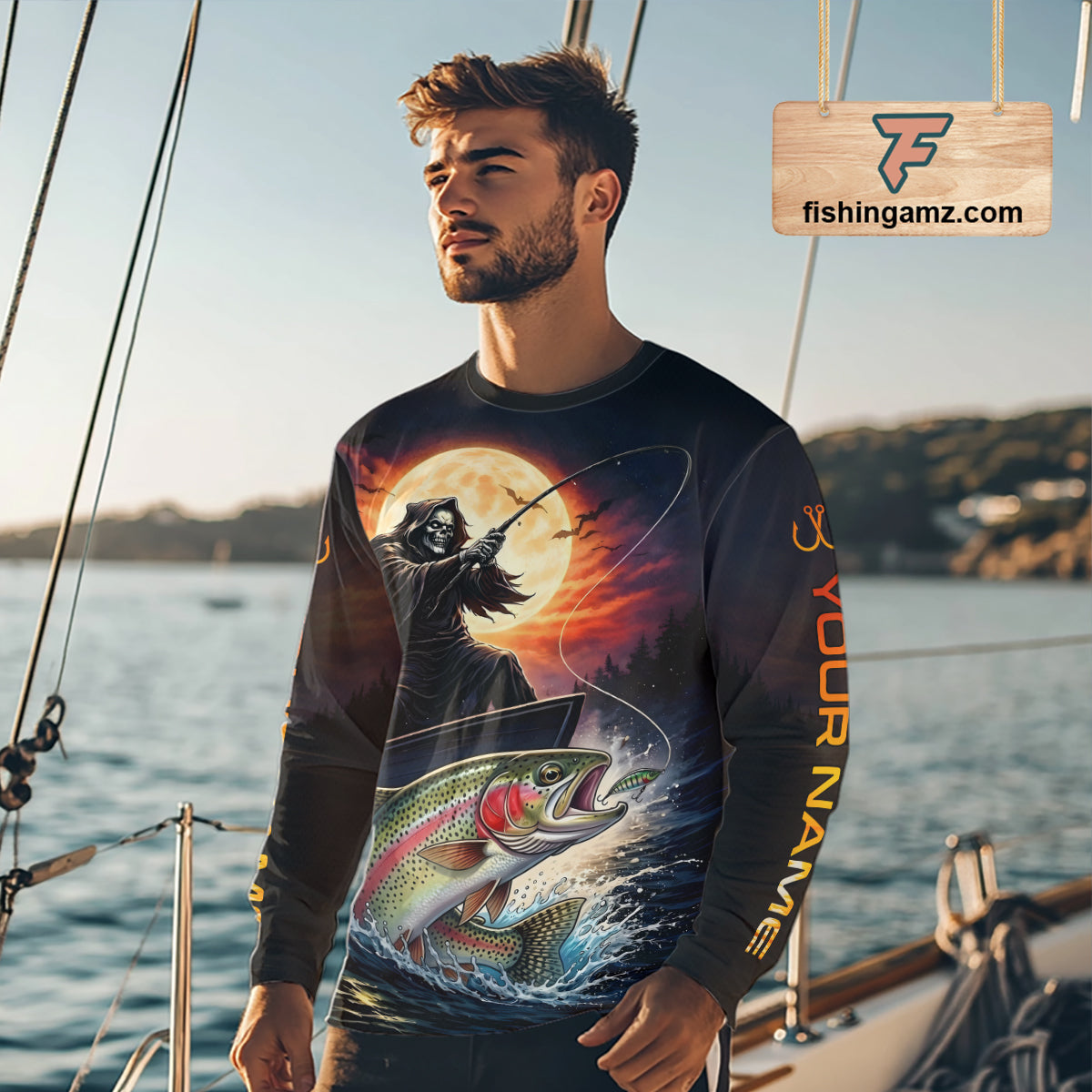 Personalized Fish Reaper Fishing Jerseys, Fish Reaper Sunset Rainbow Trout Fishing Shirts Long Sleeve NHT832