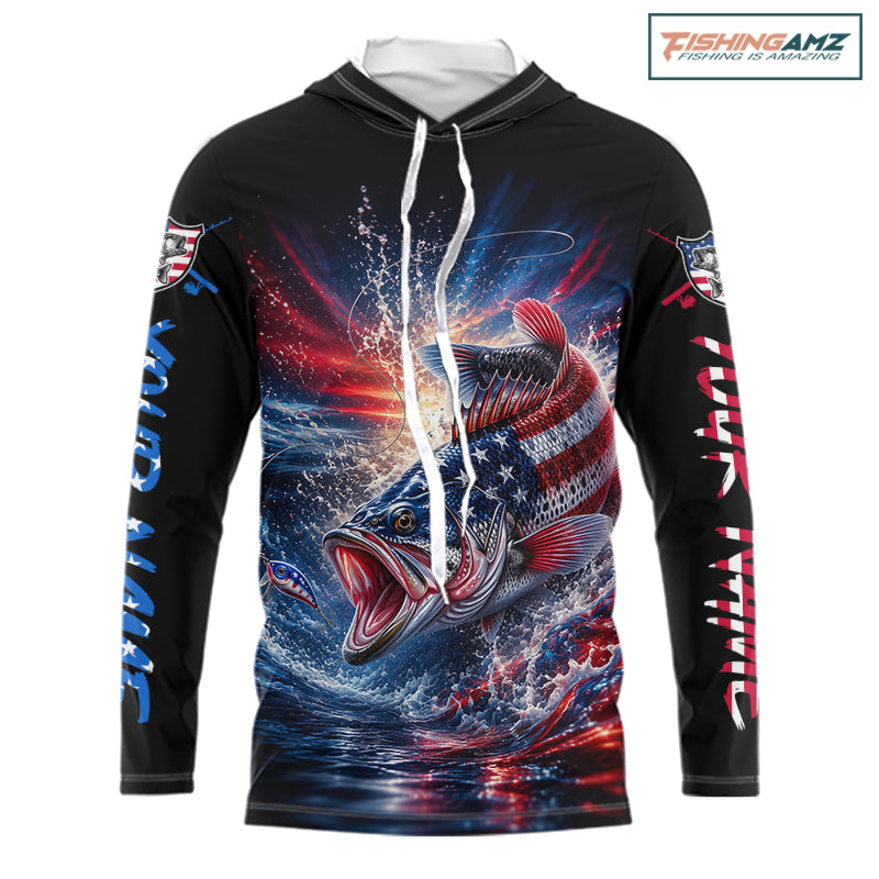 Patriotic Bass Fishing Long Sleeve Hooded Shirt – American Flag Design For Men NHT987