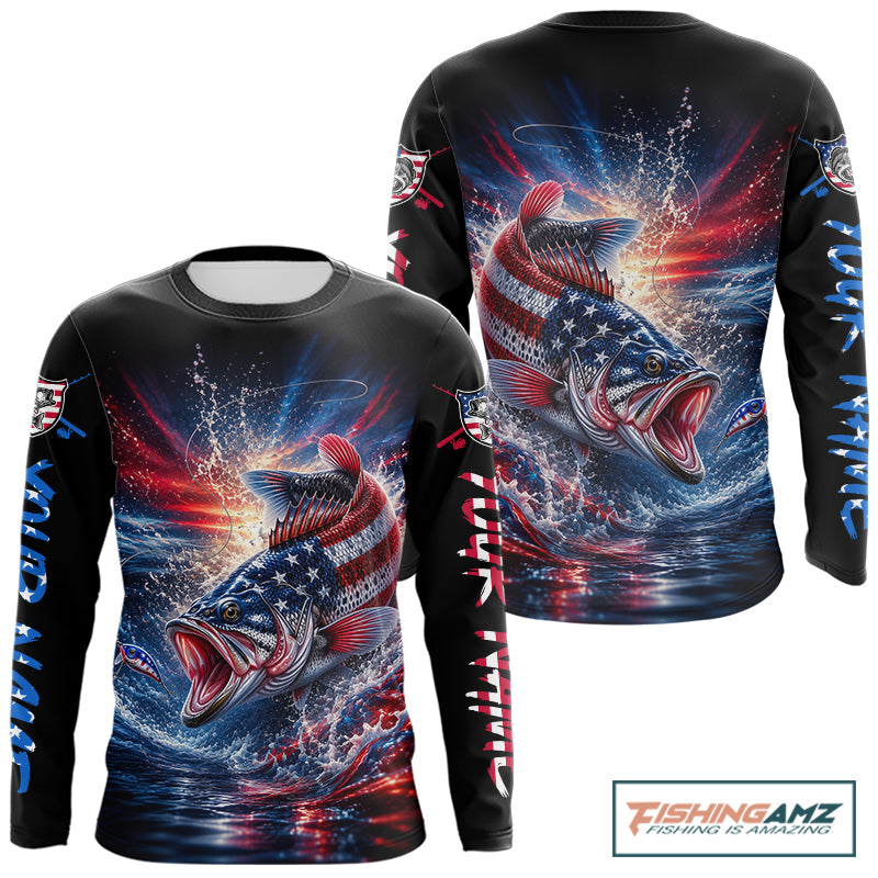 Patriotic Bass Fishing Long Sleeve Shirt – American Flag Design For Men