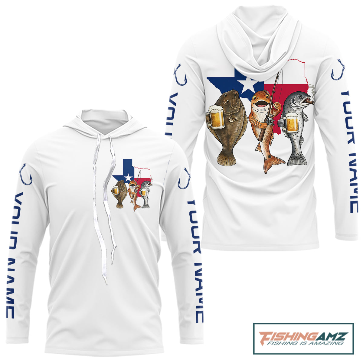 Texas Slam Funny Fishing Redfish, Trout, Flounder Fishing Shirts Long Sleeve Hooded For Men| White NHT843