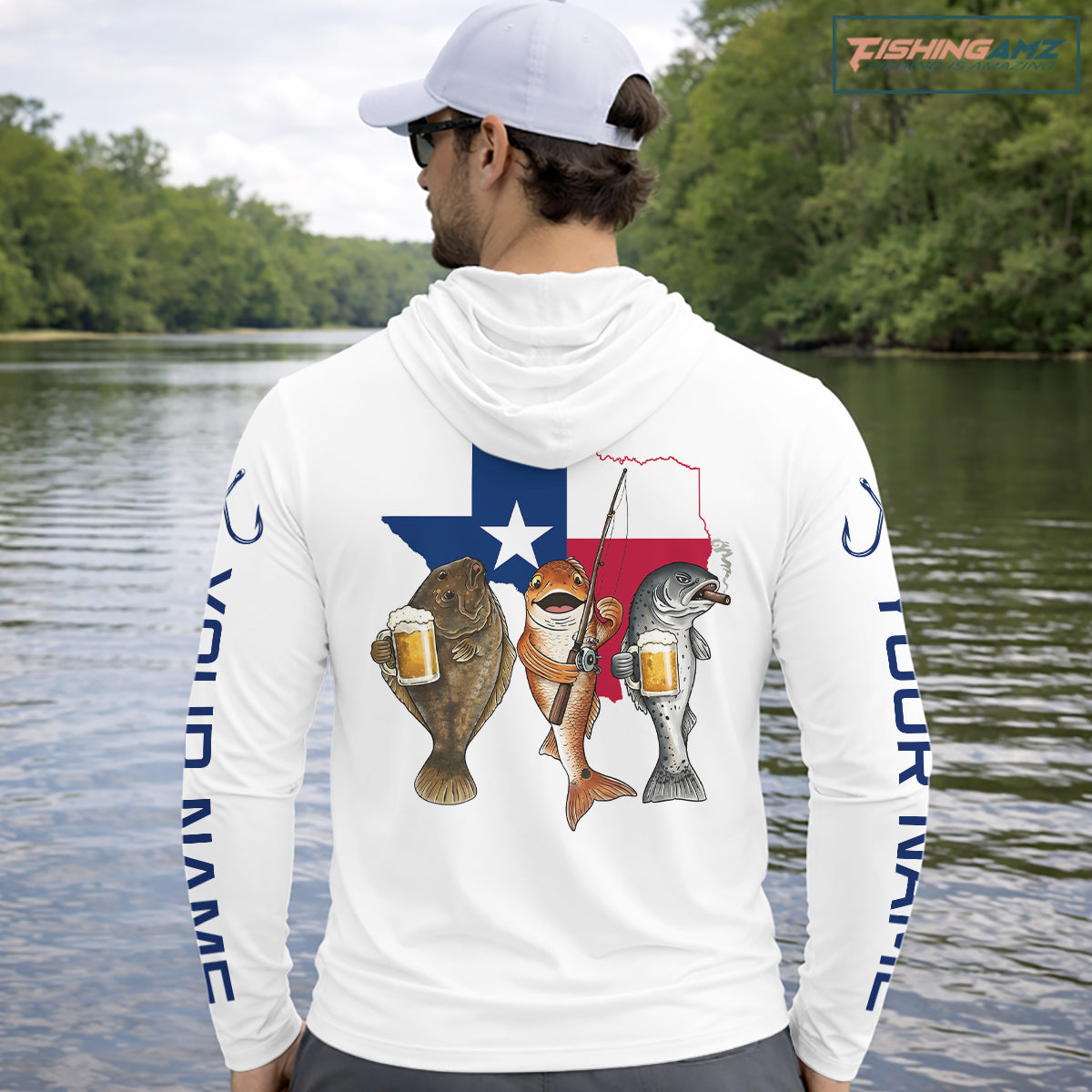 Texas Slam Funny Fishing Redfish, Trout, Flounder Fishing Shirts Long Sleeve Hooded For Men| White NHT843