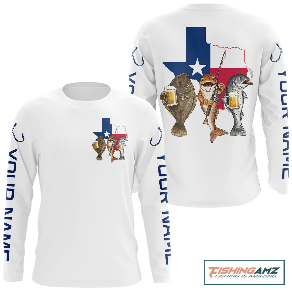 Texas Slam Funny Fishing Redfish, Trout, Flounder Fishing Shirts Long Sleeve For Men| White NHT843