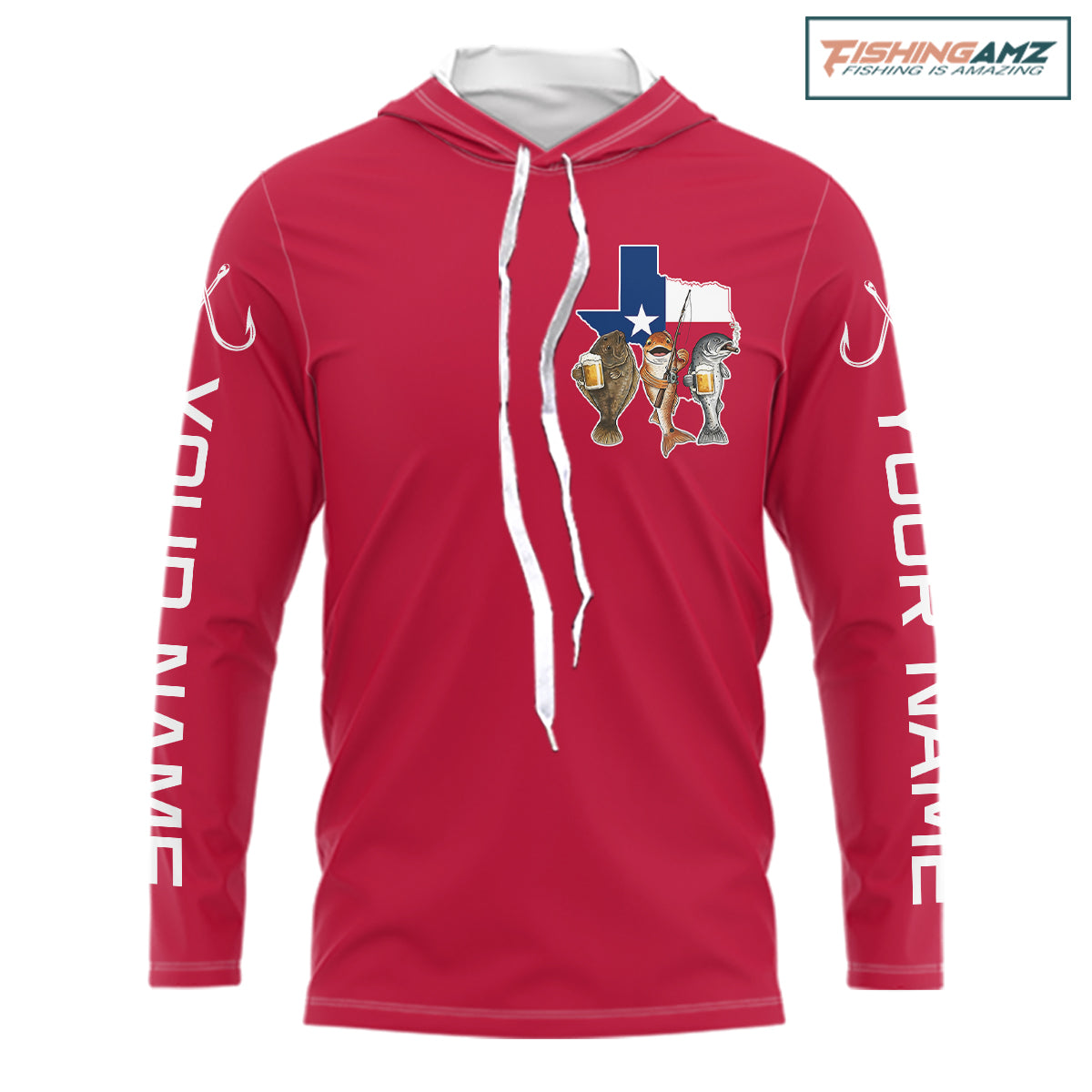 Texas Slam Funny Fishing Redfish, Trout, Flounder Fishing Shirts Long Sleeve Hooded For Men| Red NHT844