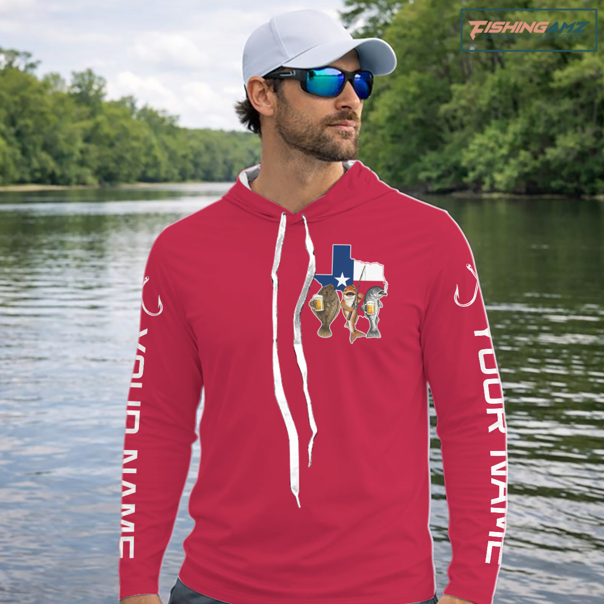Texas Slam Funny Fishing Redfish, Trout, Flounder Fishing Shirts Long Sleeve Hooded For Men| Red NHT844