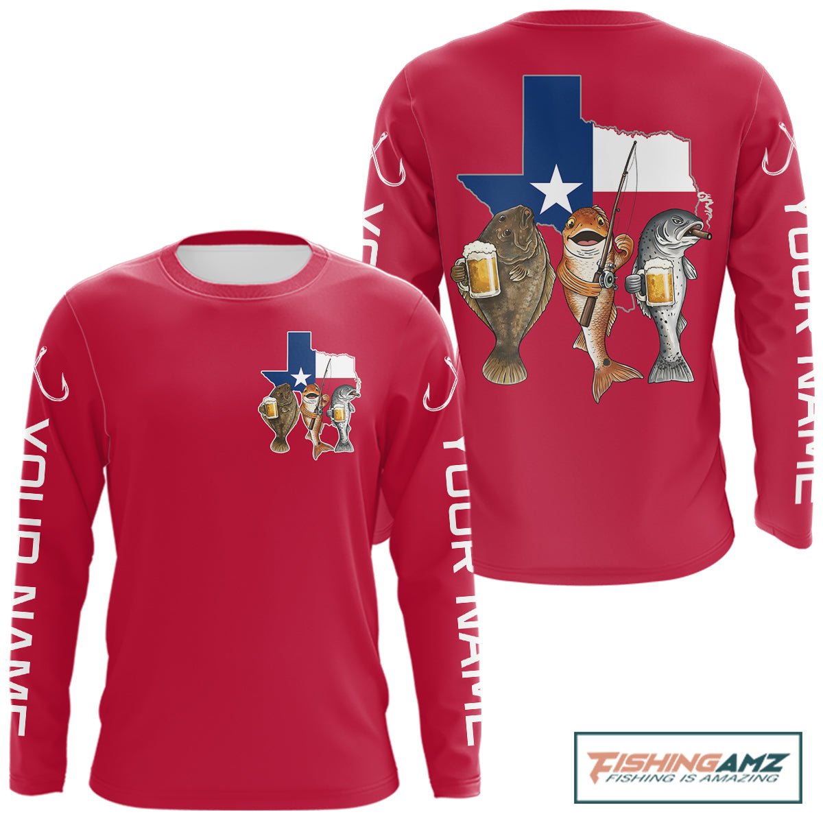 Texas Slam Funny Fishing Redfish, Trout, Flounder Fishing Shirts Long Sleeve For Men| Red NHT844