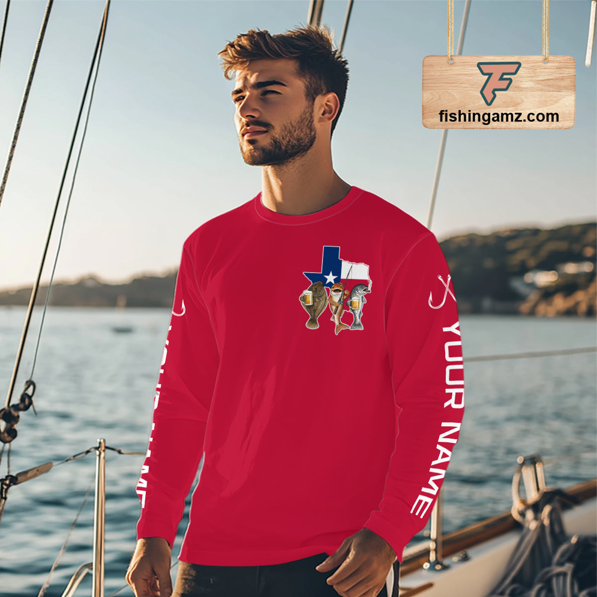 Texas Slam Funny Fishing Redfish, Trout, Flounder Fishing Shirts Long Sleeve For Men| Red NHT844