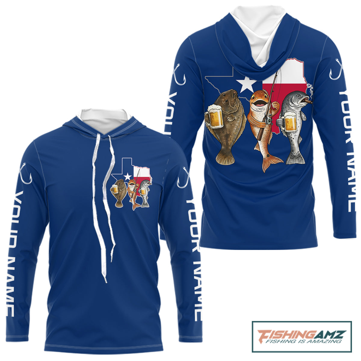 Texas Slam Funny Fishing Redfish, Trout, Flounder Fishing Shirts Long Sleeve Hooded For Men| Blue Navy NHT845