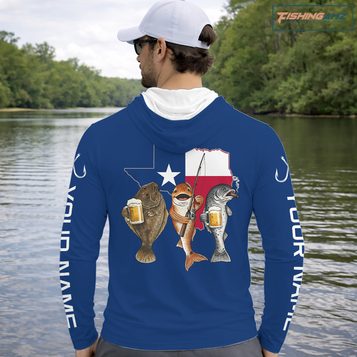Texas Slam Funny Fishing Redfish, Trout, Flounder Fishing Shirts Long Sleeve Hooded For Men| Blue Navy NHT845