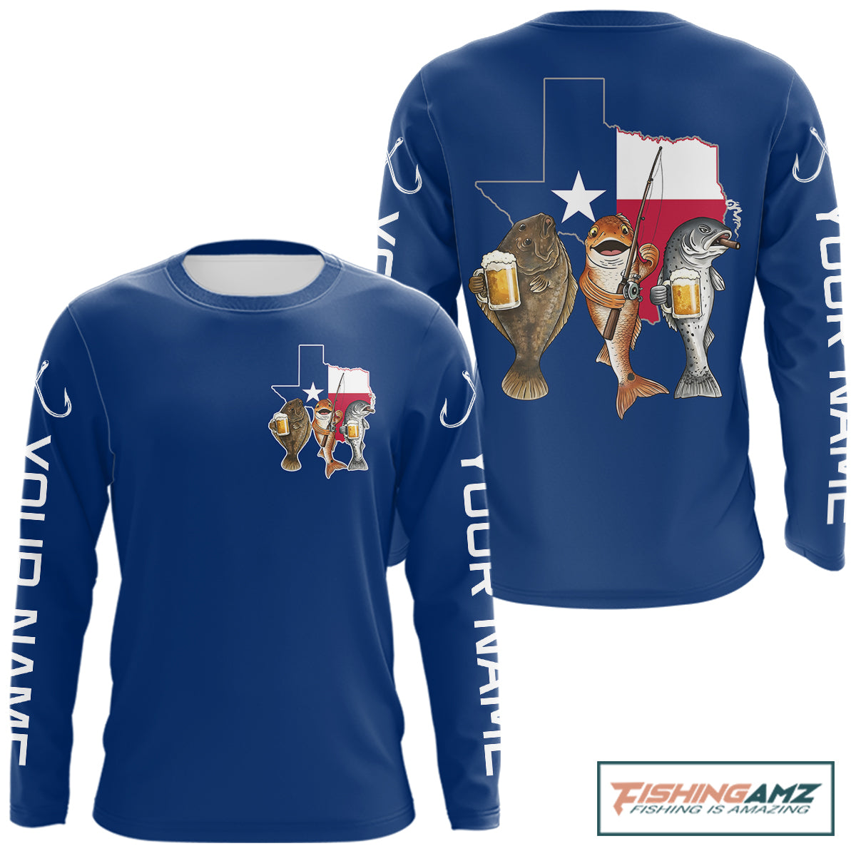 Texas Slam Funny Fishing Redfish, Trout, Flounder Fishing Shirts Long Sleeve For Men| Blue Navy NHT845