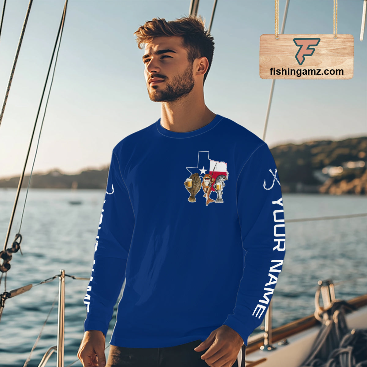 Texas Slam Funny Fishing Redfish, Trout, Flounder Fishing Shirts Long Sleeve For Men| Blue Navy NHT845