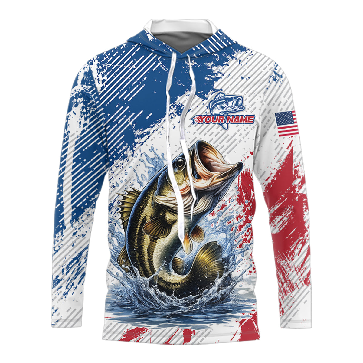 Custom Patriotic American Flag Bass Fishing Shirts Long Sleeve Hooded, Fishing Tournament Jerseys