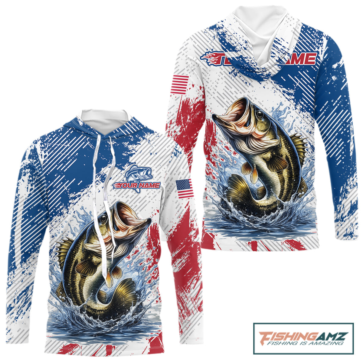 Custom Patriotic American Flag Bass Fishing Shirts Long Sleeve Hooded, Fishing Tournament Jerseys