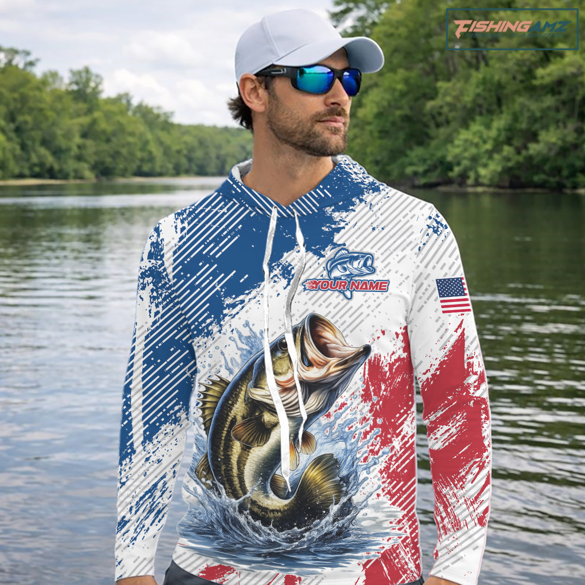 Custom Patriotic American Flag Bass Fishing Shirts Long Sleeve Hooded, Fishing Tournament Jerseys