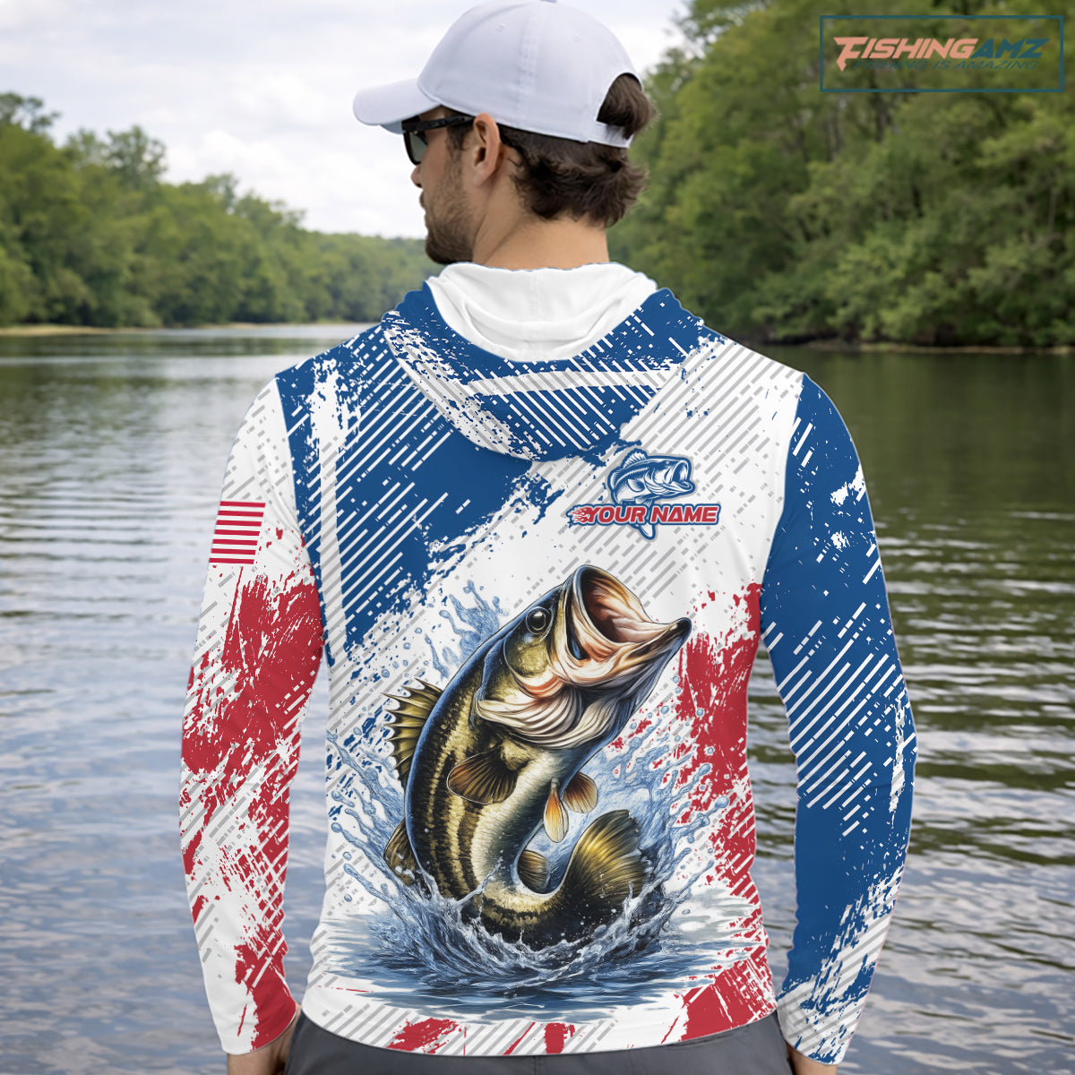 Custom Patriotic American Flag Bass Fishing Shirts Long Sleeve Hooded, Fishing Tournament Jerseys
