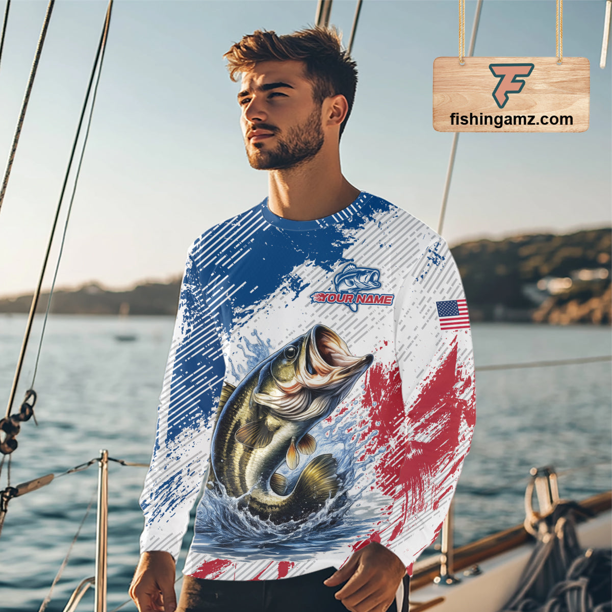 Custom Patriotic American Flag Bass Fishing Shirts Long Sleeve, Fishing Tournament Jerseys
