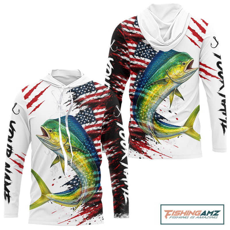 Mahi Mahi Fishing Jersey Design American Flag Long Sleeve Hooded Fishing Shirt For Men NHT1458