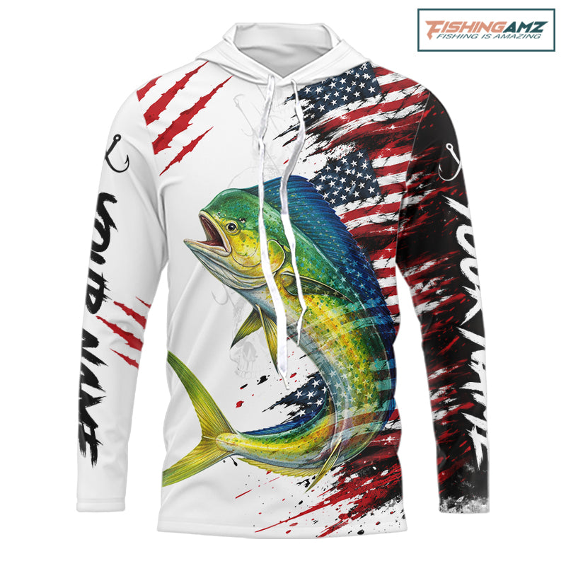 Mahi Mahi Fishing Jersey Design American Flag Long Sleeve Hooded Fishing Shirt For Men NHT1458