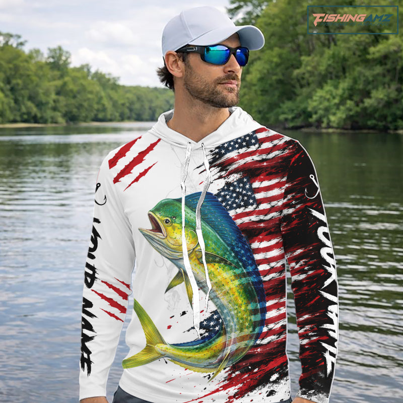 Mahi Mahi Fishing Jersey Design American Flag Long Sleeve Hooded Fishing Shirt For Men NHT1458