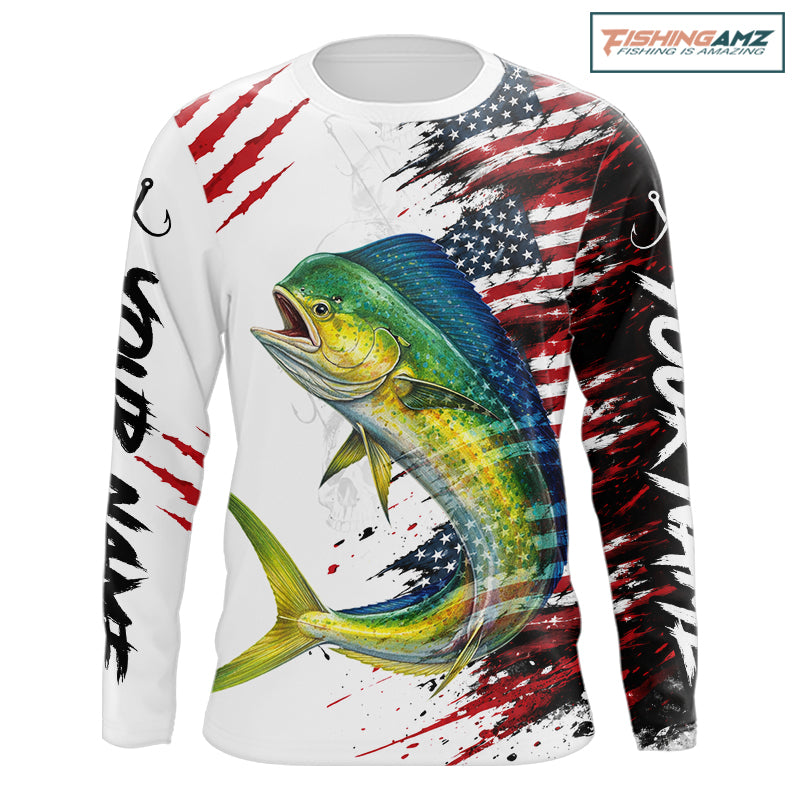 Mahi Mahi Fishing Jersey Design American Flag Long Sleeve Fishing Shirt For Men NHT1458