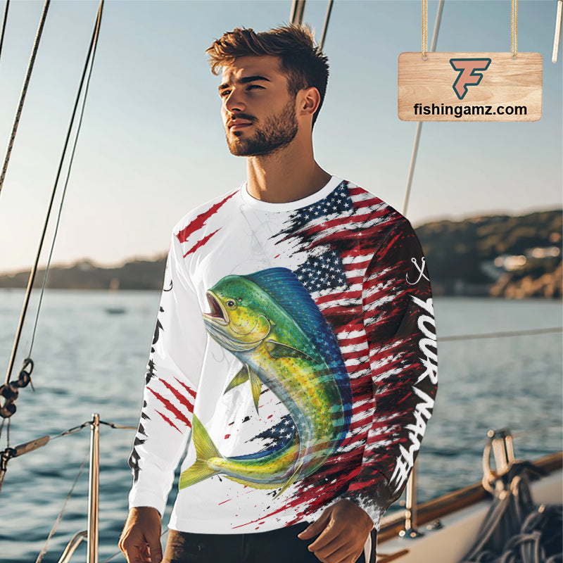 Mahi Mahi Fishing Jersey Design American Flag Long Sleeve Fishing Shirt For Men NHT1458