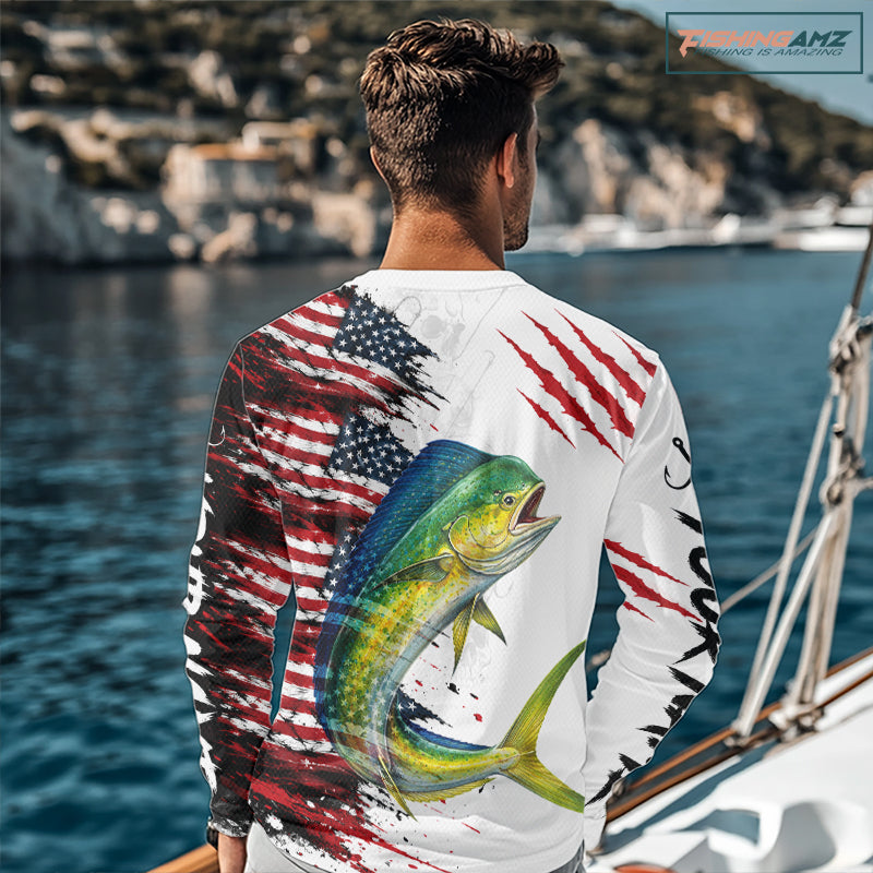 Mahi Mahi Fishing Jersey Design American Flag Long Sleeve Fishing Shirt For Men NHT1458