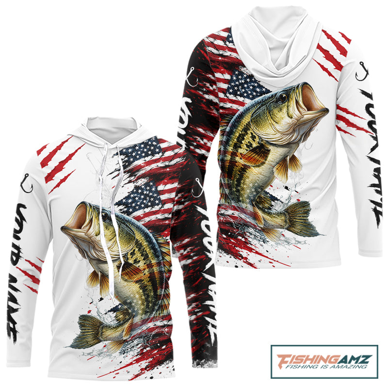 Largemouth Bass Fishing Jersey Design American Flag Long Sleeve Hooded Fishing Shirt For Men NHT1459