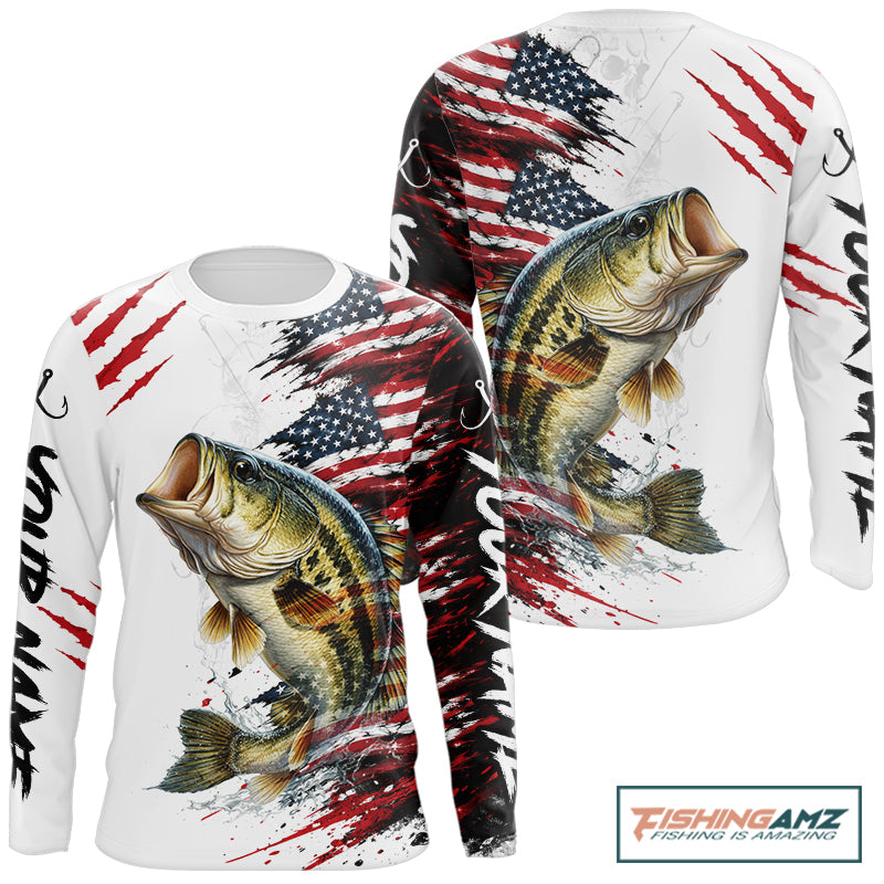 Largemouth Bass Fishing Jersey Design American Flag Long Sleeve Fishing Shirt For Men NHT1459