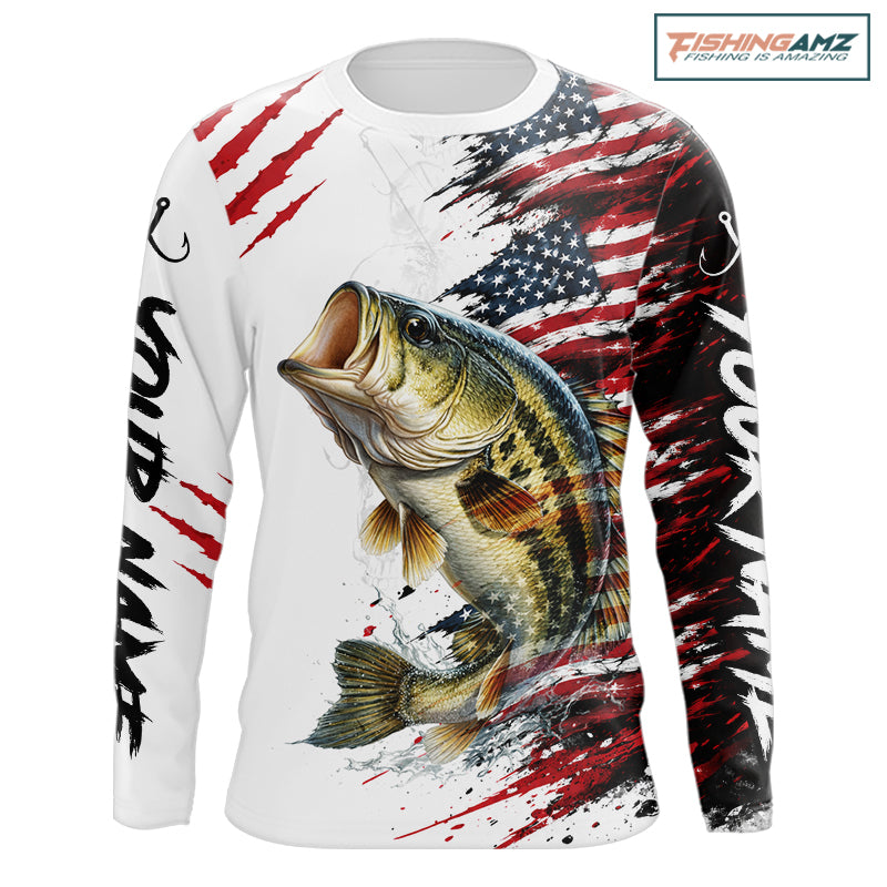 Largemouth Bass Fishing Jersey Design American Flag Long Sleeve Fishing Shirt For Men NHT1459