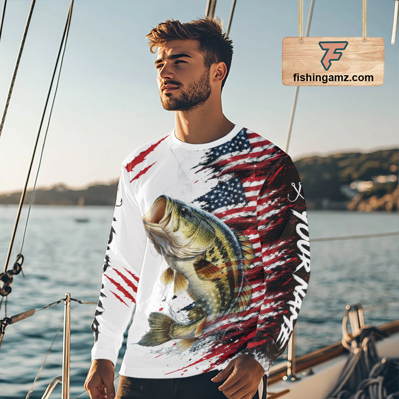 Largemouth Bass Fishing Jersey Design American Flag Long Sleeve Fishing Shirt For Men NHT1459