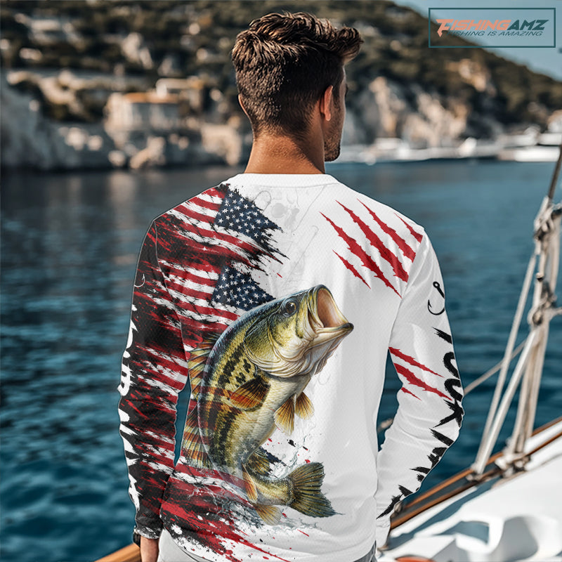 Largemouth Bass Fishing Jersey Design American Flag Long Sleeve Fishing Shirt For Men NHT1459