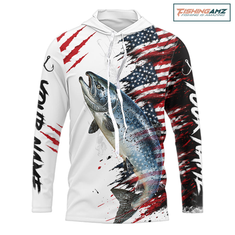 Chinook Salmon Fishing Jersey Design American Flag Long Sleeve Hooded Fishing Shirt For Men NHT1460