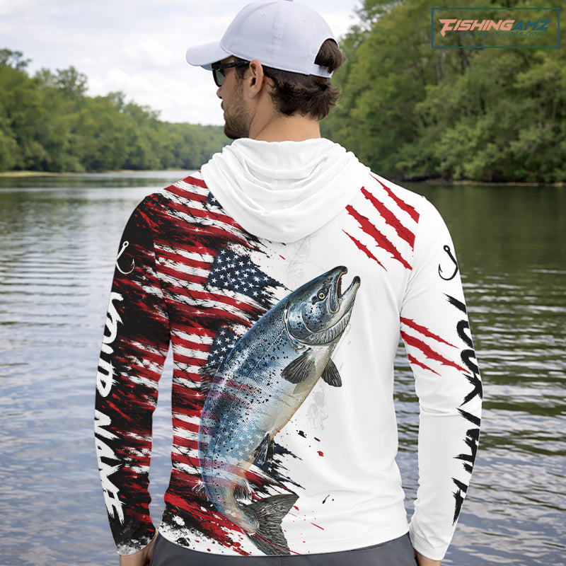 Chinook Salmon Fishing Jersey Design American Flag Long Sleeve Hooded Fishing Shirt For Men NHT1460
