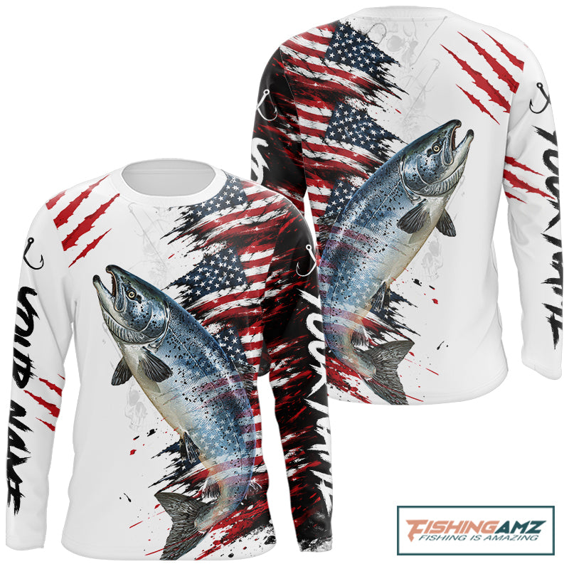 Chinook Salmon Fishing Jersey Design American Flag Long Sleeve Fishing Shirt For Men NHT1460
