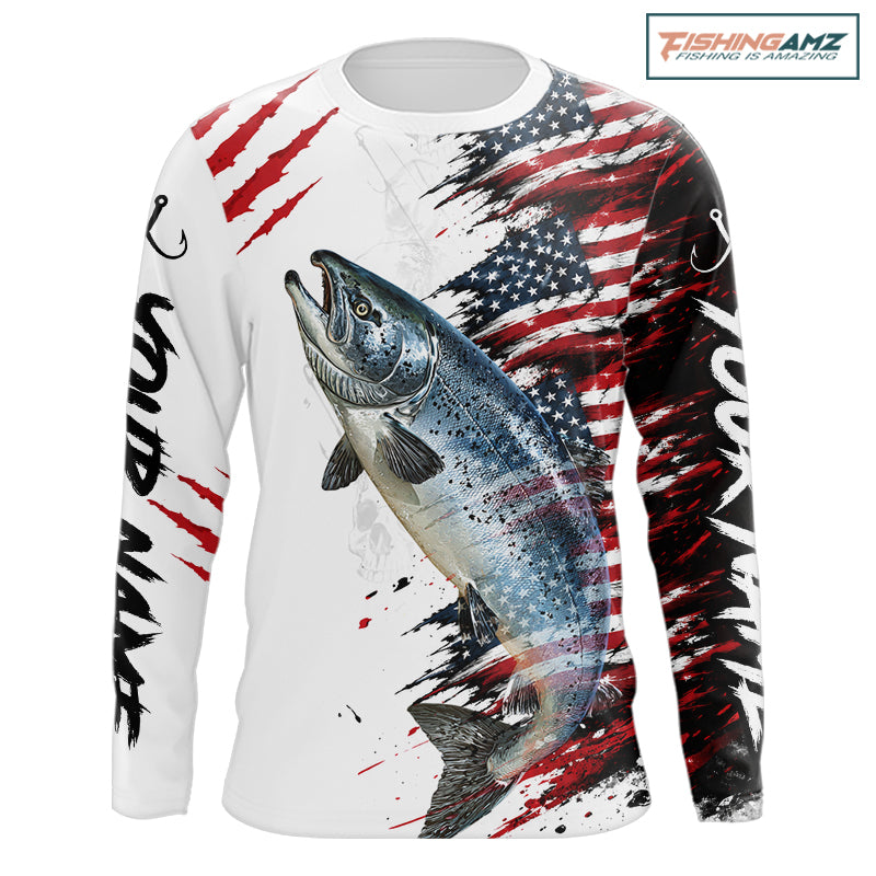 Chinook Salmon Fishing Jersey Design American Flag Long Sleeve Fishing Shirt For Men NHT1460