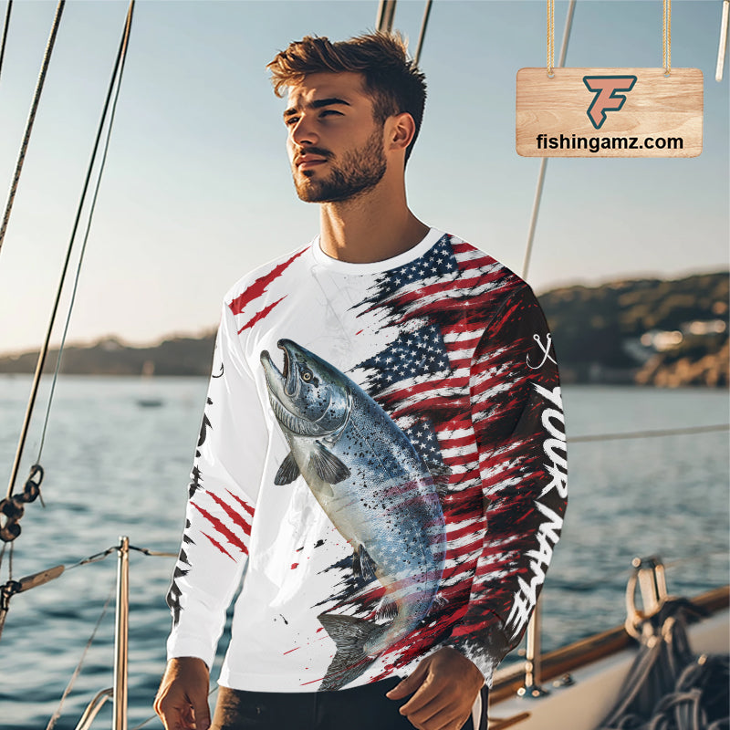 Chinook Salmon Fishing Jersey Design American Flag Long Sleeve Fishing Shirt For Men NHT1460