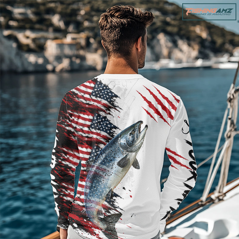 Chinook Salmon Fishing Jersey Design American Flag Long Sleeve Fishing Shirt For Men NHT1460
