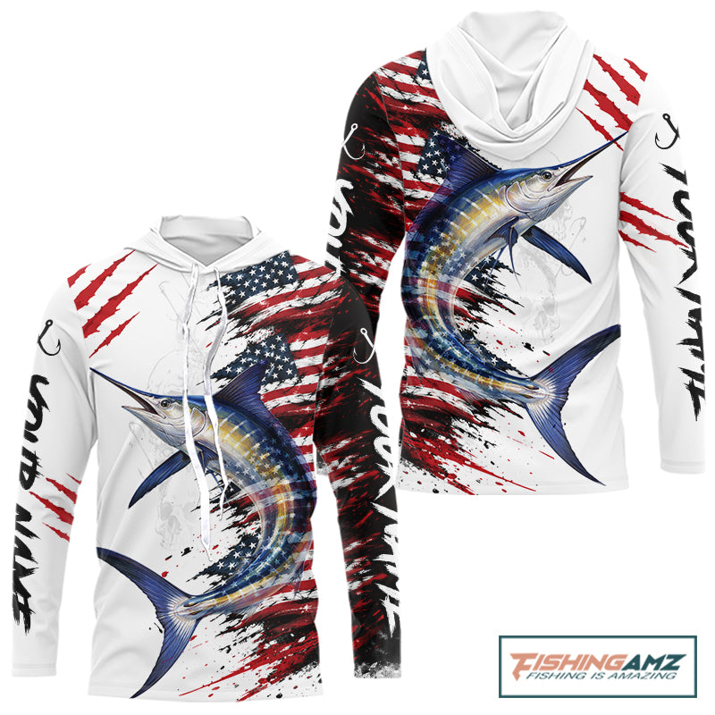 Marlin Fishing Jersey Design American Flag Long Sleeve Hooded Fishing Shirt For Men NHT1461