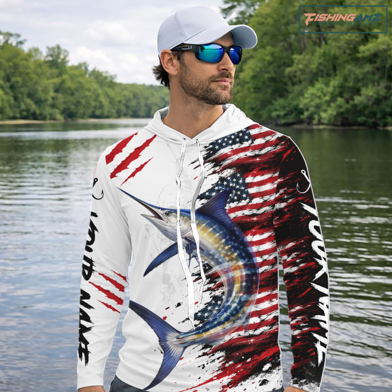 Marlin Fishing Jersey Design American Flag Long Sleeve Hooded Fishing Shirt For Men NHT1461