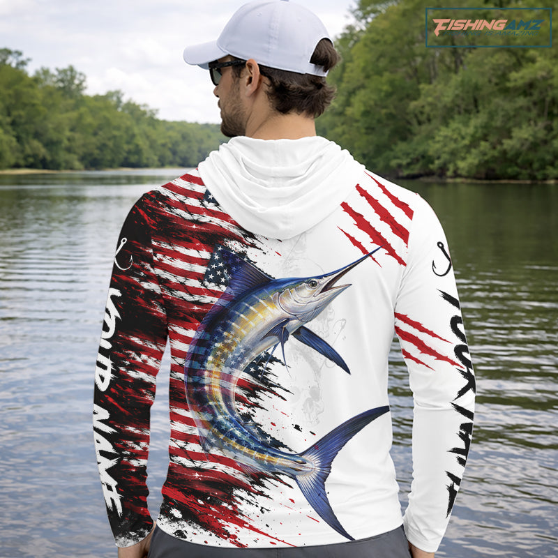 Marlin Fishing Jersey Design American Flag Long Sleeve Hooded Fishing Shirt For Men NHT1461