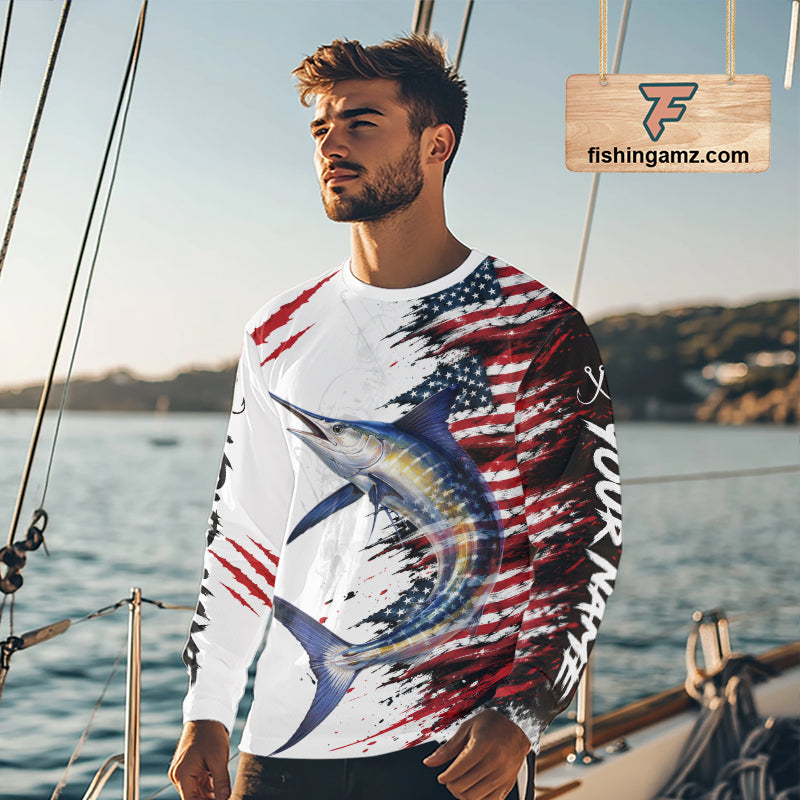 Marlin Fishing Jersey Design American Flag Long Sleeve Fishing Shirt For Men NHT1461