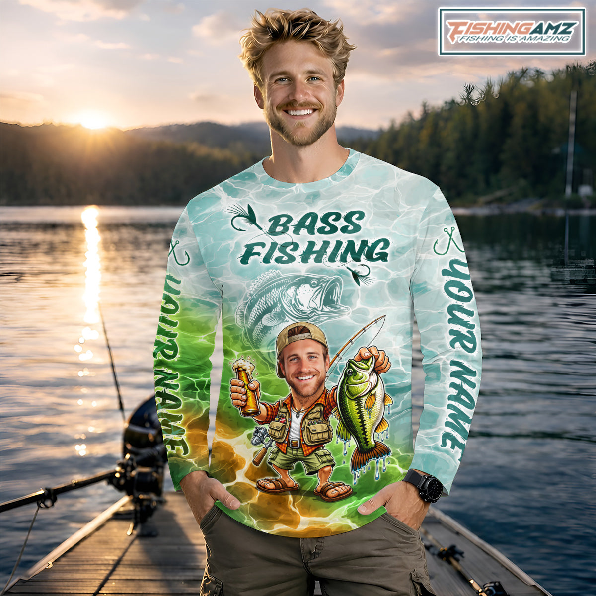 Custom Photo Funny Bass Fishing Shirts Long Sleeve For Men, Fishing Team Jersey NHT642