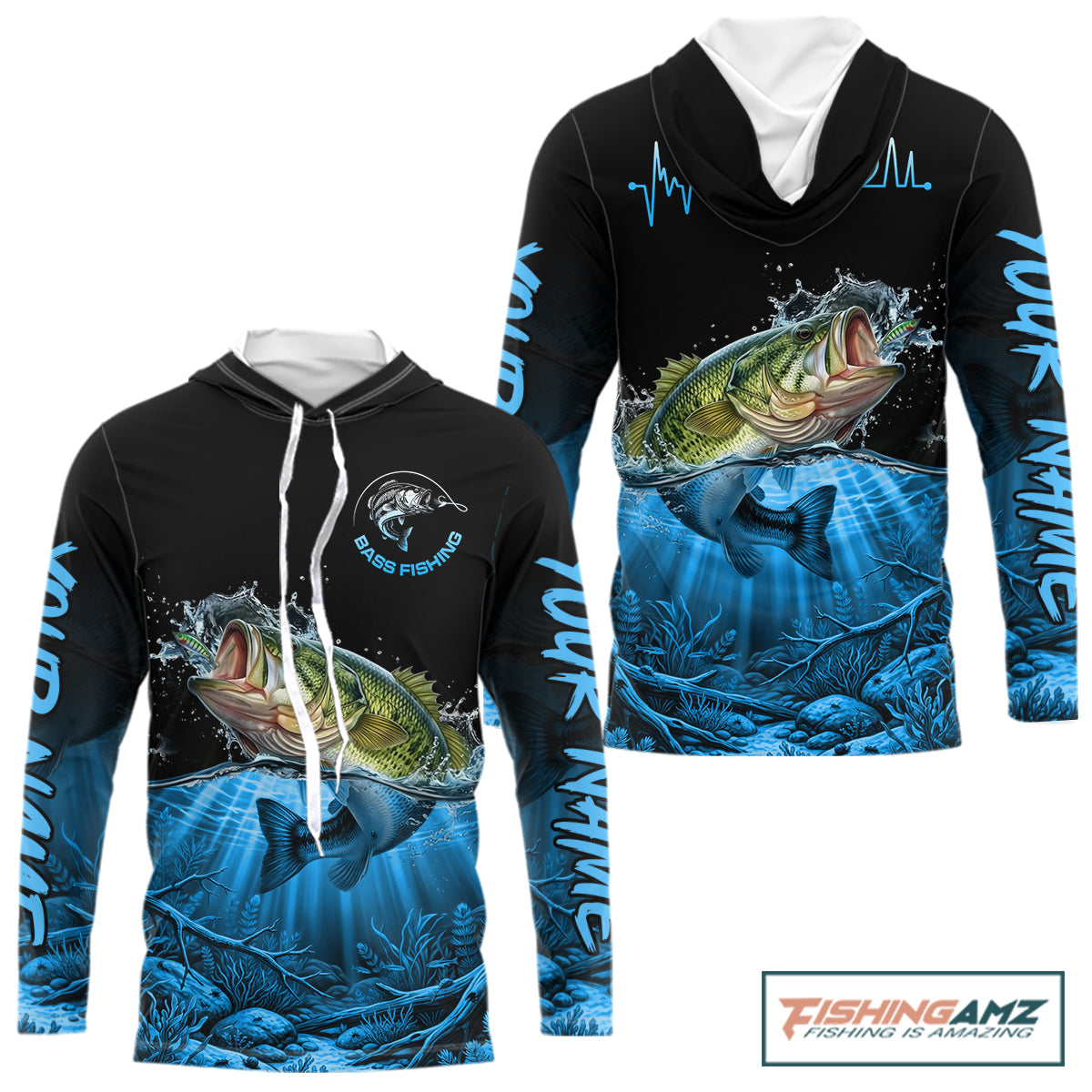 Largemouth Bass Fishing Shirt Long Sleeve Hooded For Tournament – Angler Gift For Men Dad| Blue NHT849