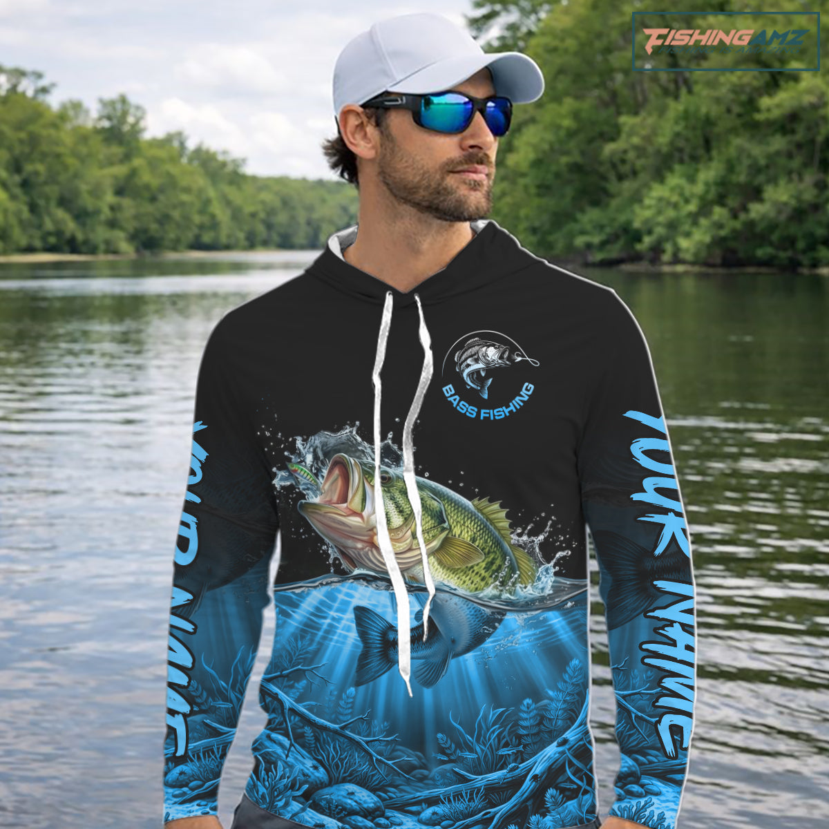 Largemouth Bass Fishing Shirt Long Sleeve Hooded For Tournament – Angler Gift For Men Dad| Blue NHT849