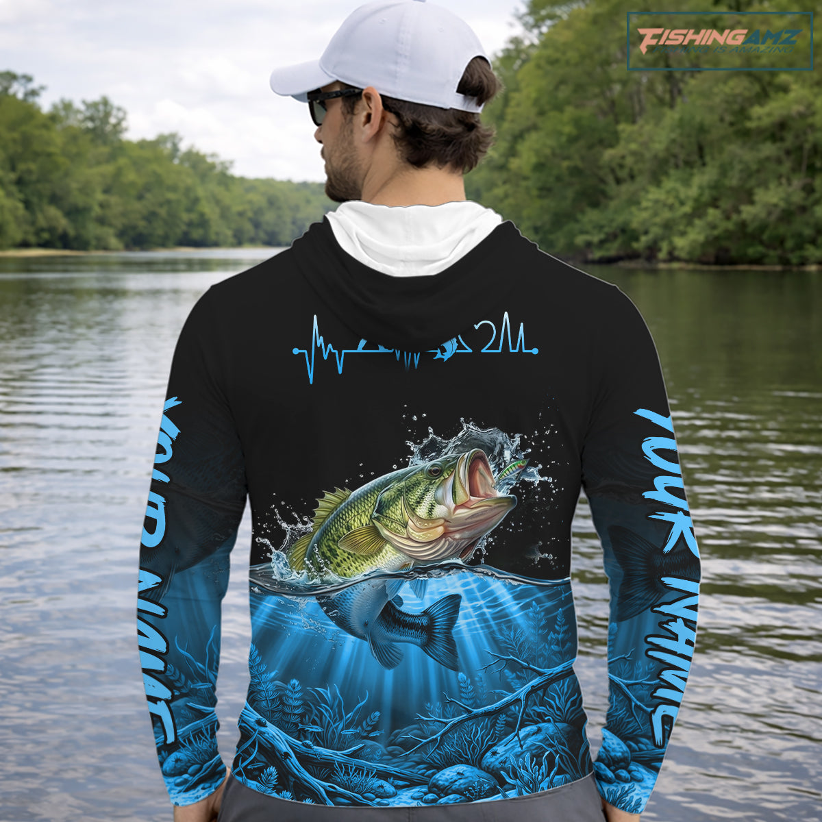 Largemouth Bass Fishing Shirt Long Sleeve Hooded For Tournament – Angler Gift For Men Dad| Blue NHT849