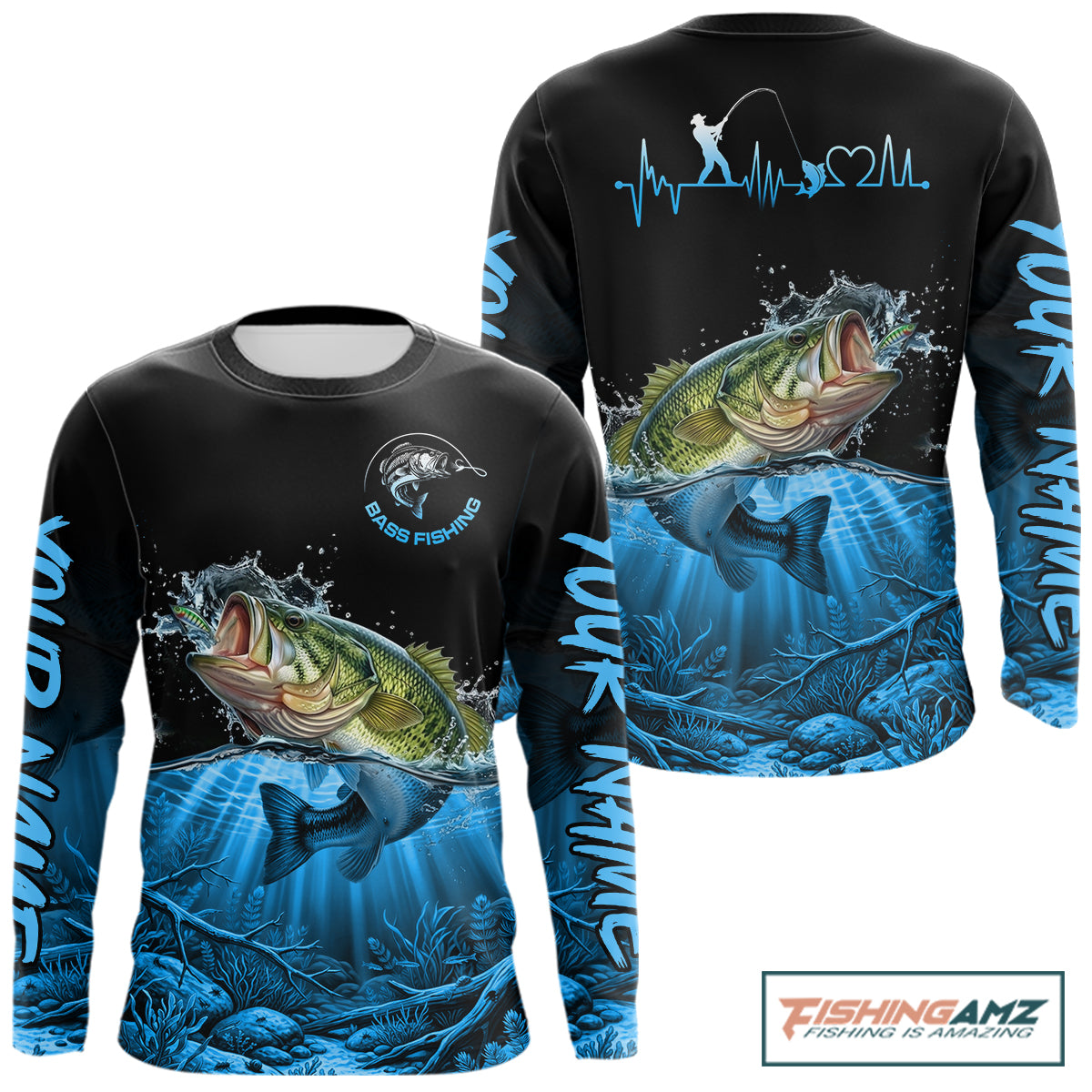 Largemouth Bass Fishing Shirt Long Sleeve For Tournament – Angler Gift For Men Dad| Blue NHT849
