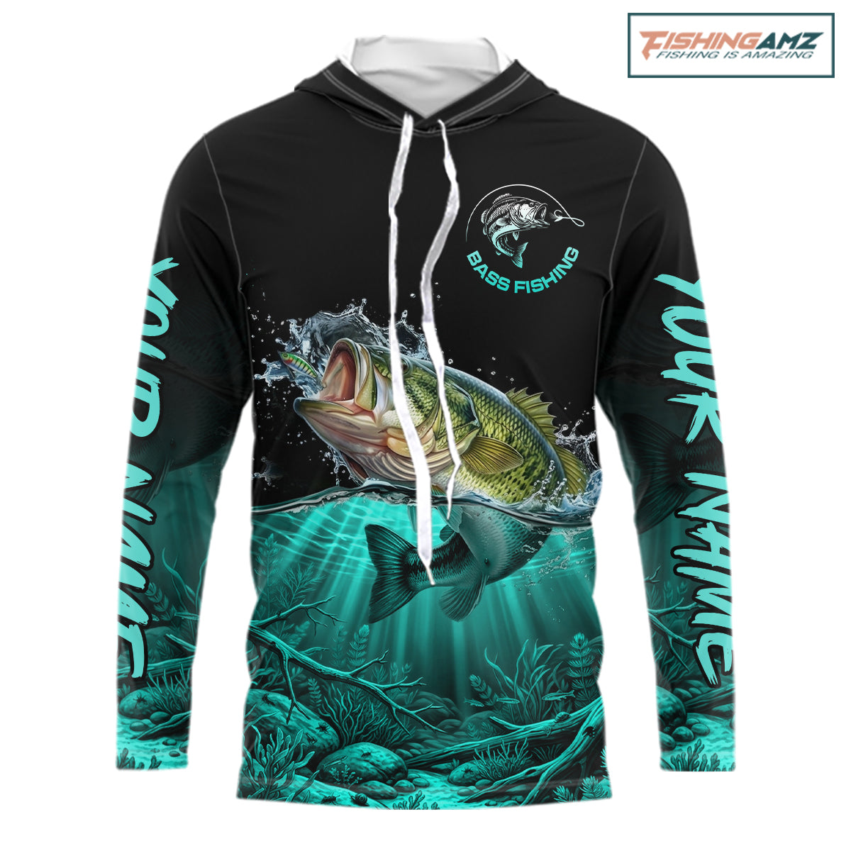 Largemouth Bass Fishing Shirt Long Sleeve Hooded For Tournament – Angler Gift For Men Dad| Turquoise NHT850